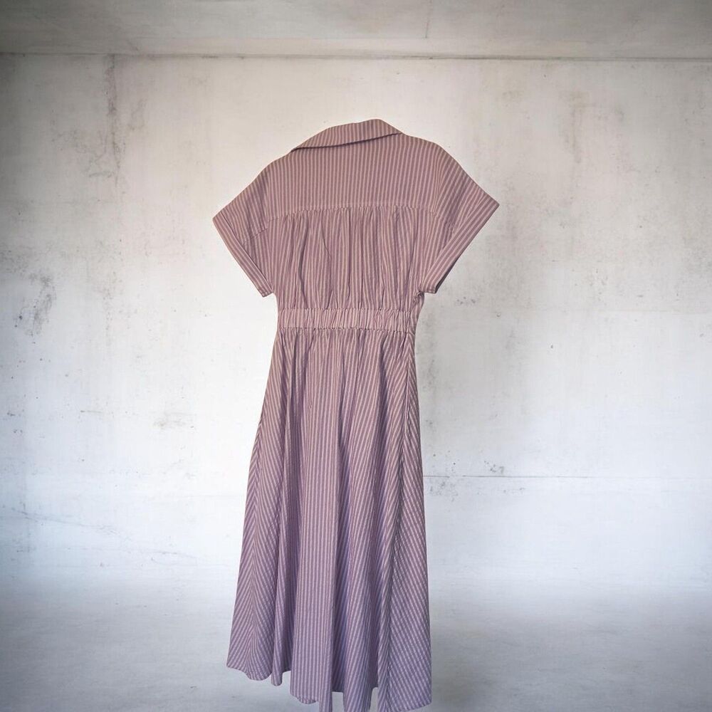 Size S, NWOT, Purple & White Tie Front Maxi Dress | Cotton Coastal Preppy Flare - Picture 6 of 8